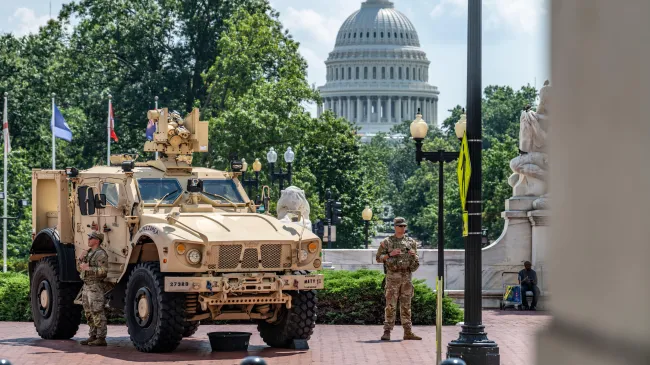 National guard troops stationed outside the Capitol Building in Washington, DC.